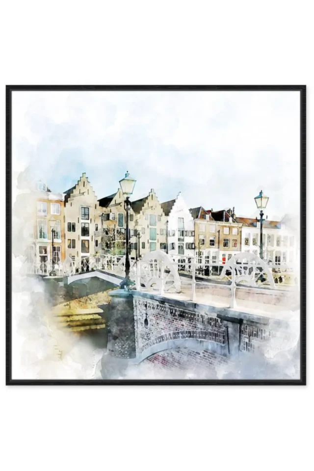 Aquarel by Danny de Klerk-Spijkerbrug Middelburg-Zwarte baklijst